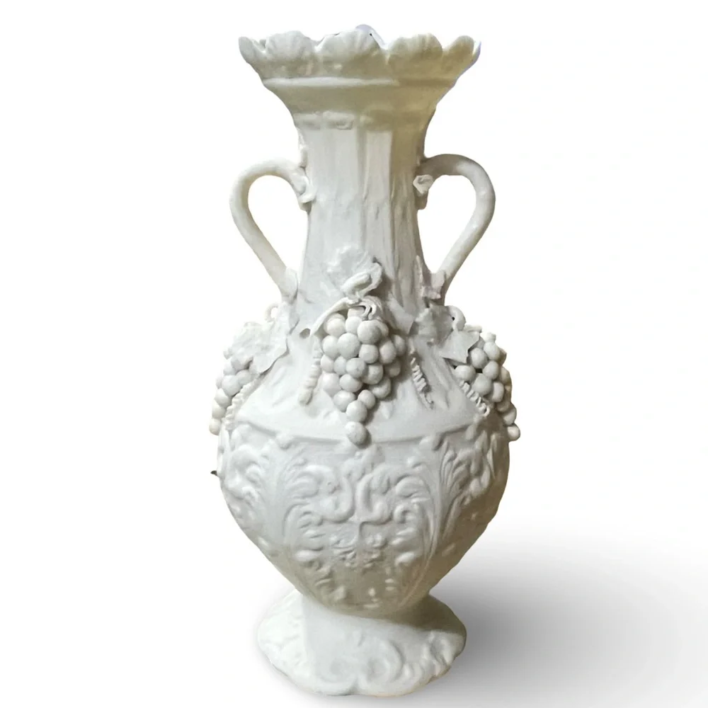 White Parian Ware Amphora Vase 8.5” Grape Design